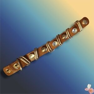 Vintage Leather Rhinestone Cuff Bracelet | Gold Hardware Snap #250